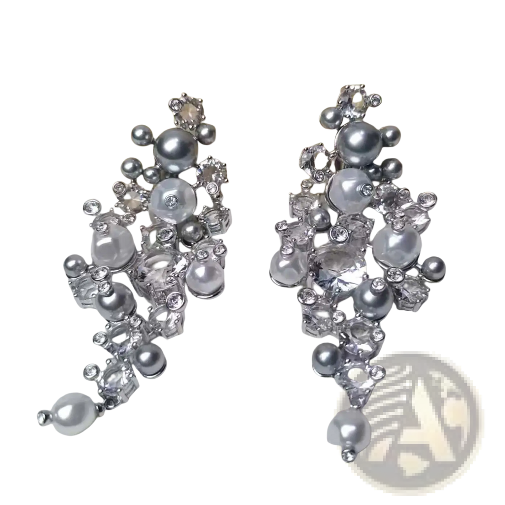 Elegant silver drop earrings with clear crystals layered pearls and rhinestones from a crystal jewelry set