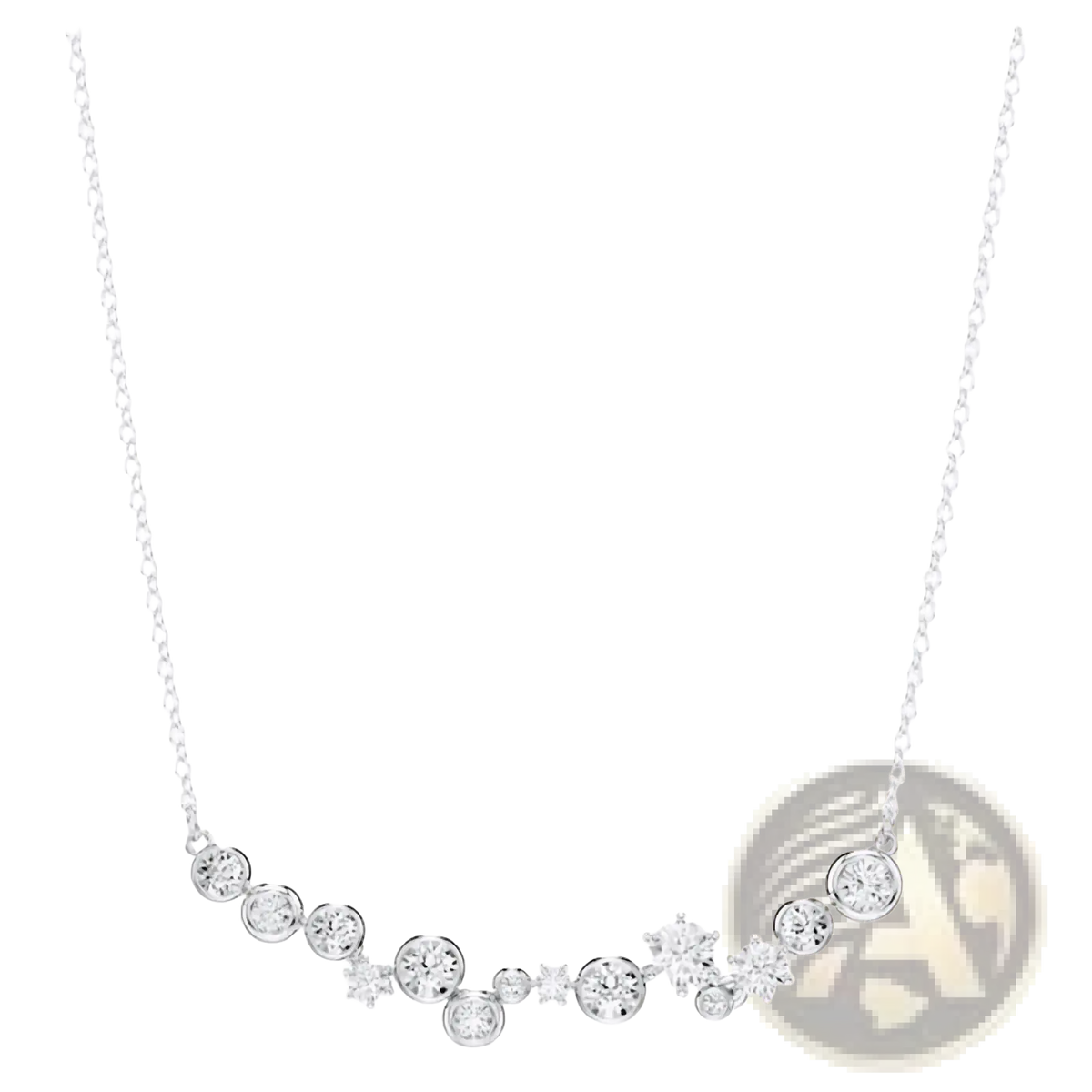 Delicate silver necklace from crystal jewelry set featuring curved row of round and snowflake-shaped diamonds on fine chain