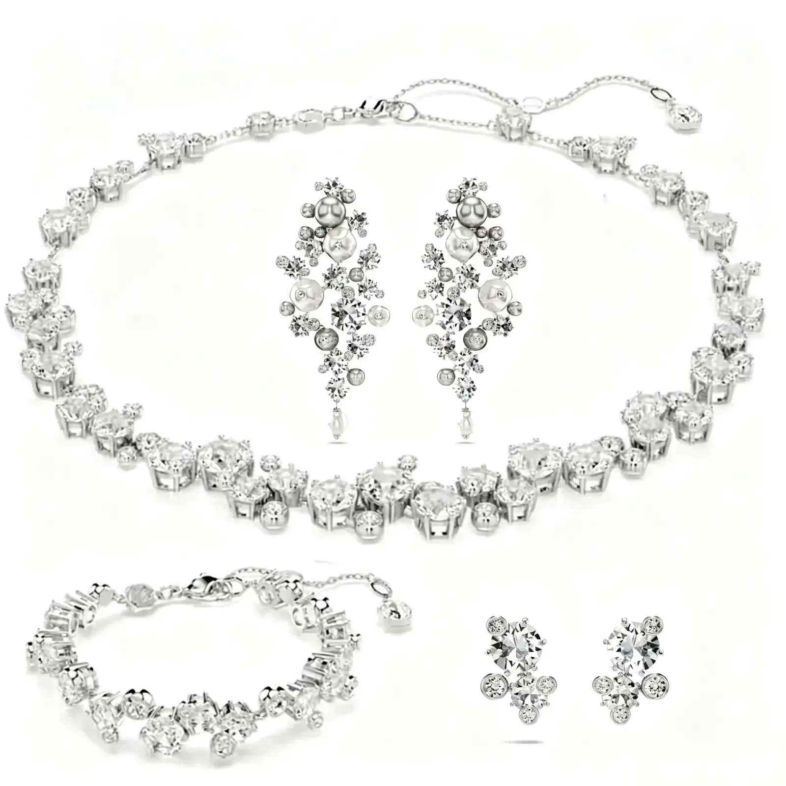 Silver-toned crystal and pearl jewelry set with statement necklace, matching earrings, bracelet, and studs in intricate design