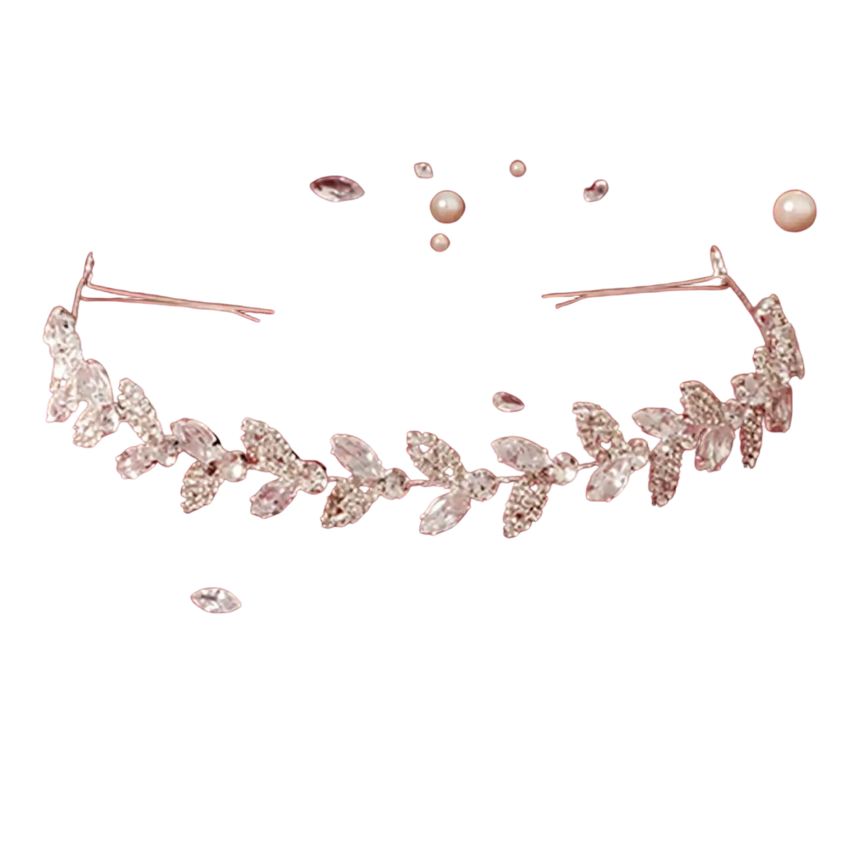A delicate silver crystal leaf bridal headband adorned with sparkling crystals and small pearls for weddings