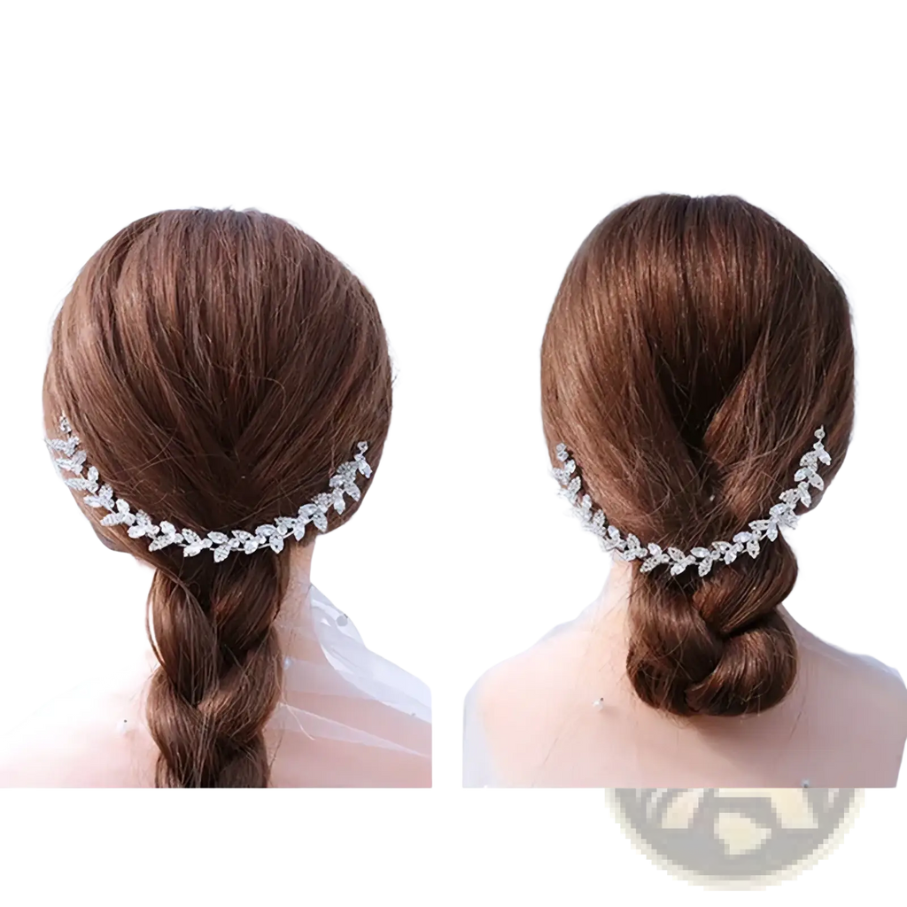 Silver leaf-shaped bridal headband adorned with sparkling crystals for wedding hair accessory use