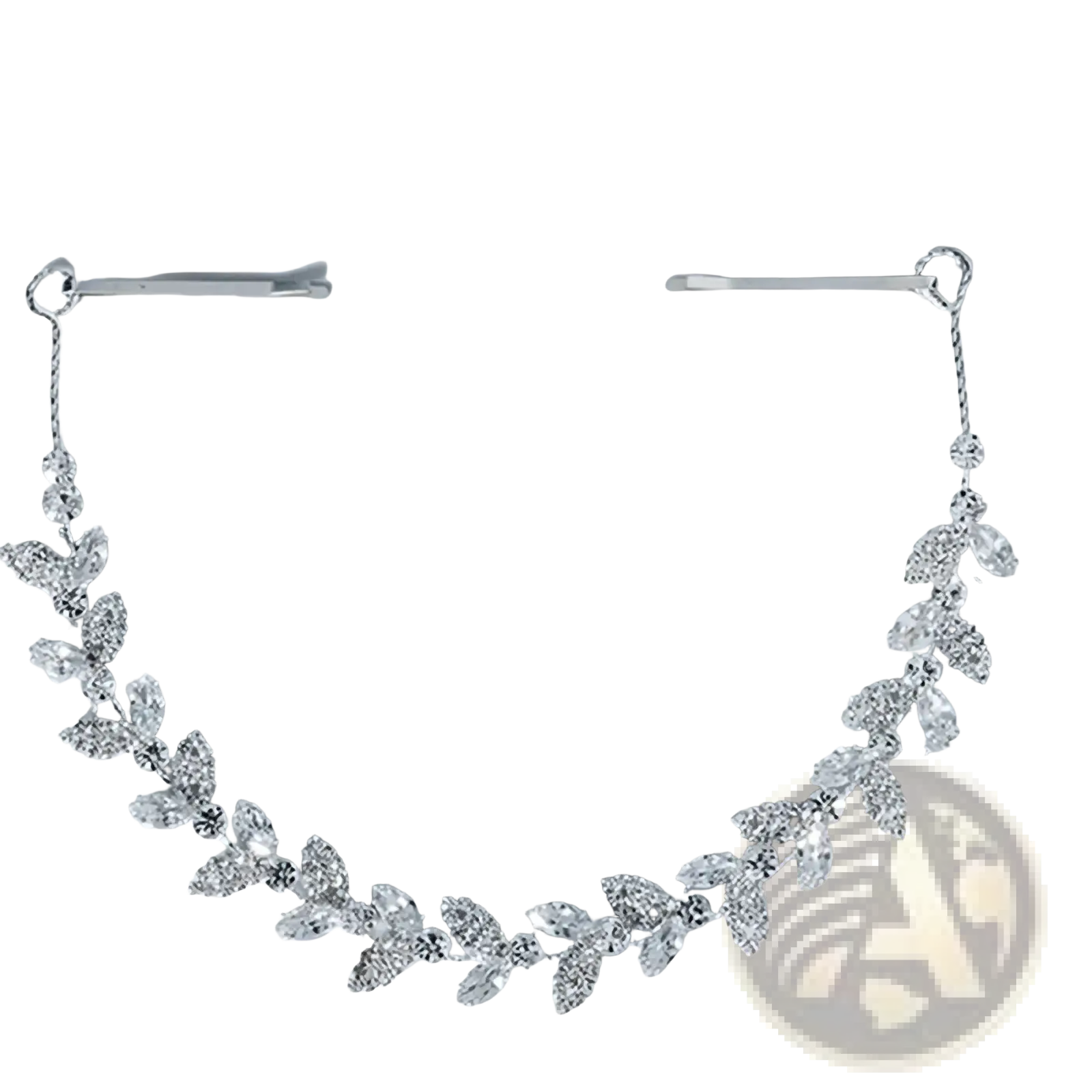 Crystal leaf bridal headband in silver with sparkling crystal accents and adjustable bobby pins for wedding hair accessory