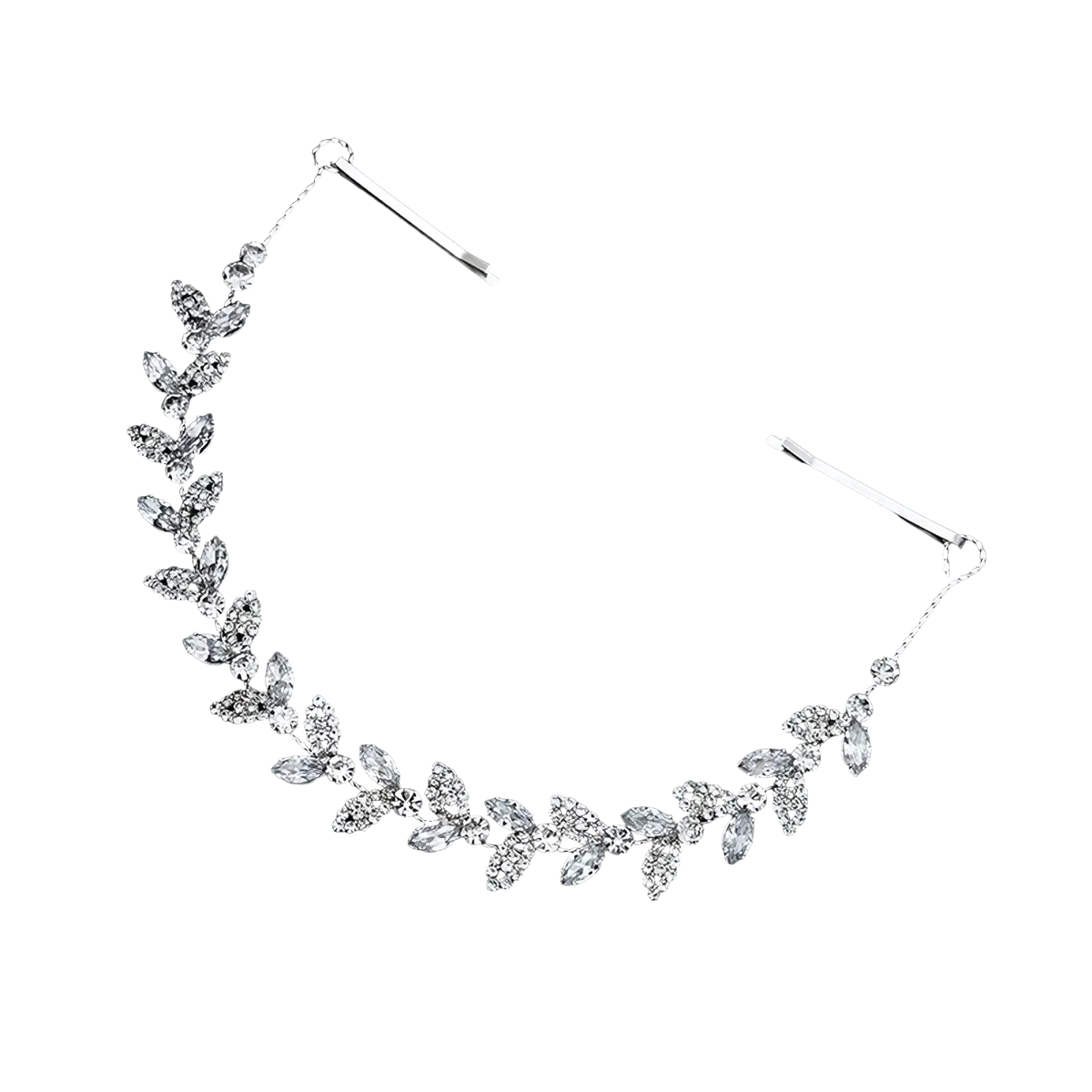 Crystal leaf bridal headband with silver leaf pattern, sparkling rhinestones, and two adjustable bobby pins