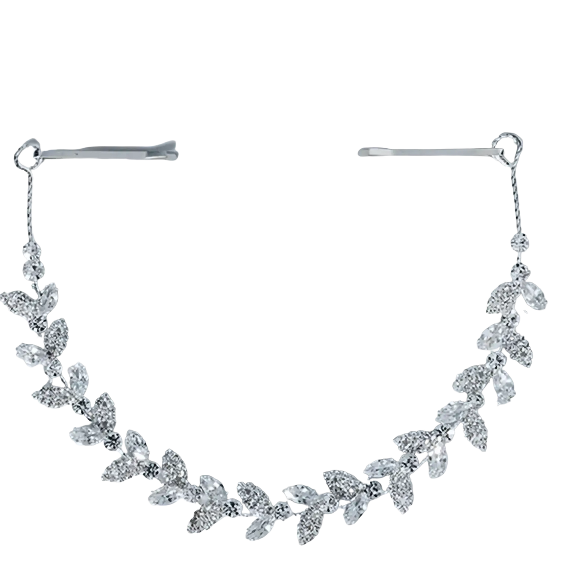Crystal leaf bridal headband in silver with sparkling crystal accents and adjustable bobby pins for wedding hair accessory