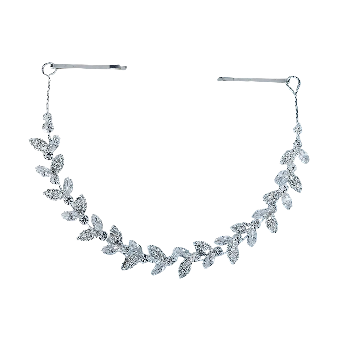 Silver leaf-shaped bridal headband with sparkling clear crystal accents for wedding hair accessory