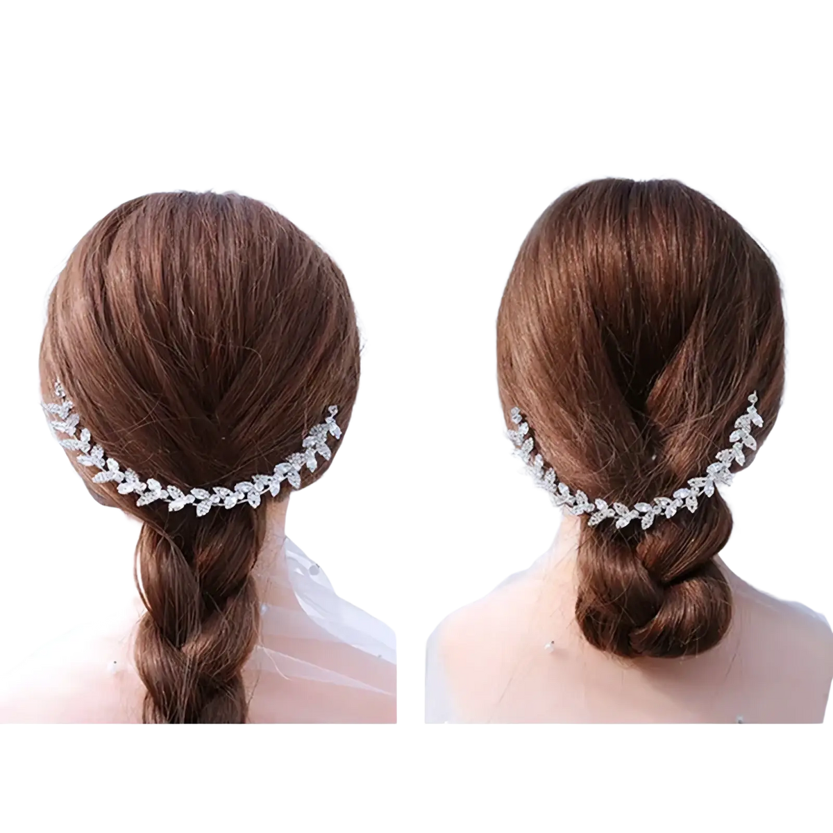 Silver leaf-shaped bridal headband adorned with sparkling crystals for wedding hair accessory use