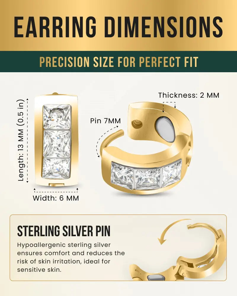 Gold-tone magnetic crystal huggie earrings with three rectangular princess-cut clear stones in a sleek design
