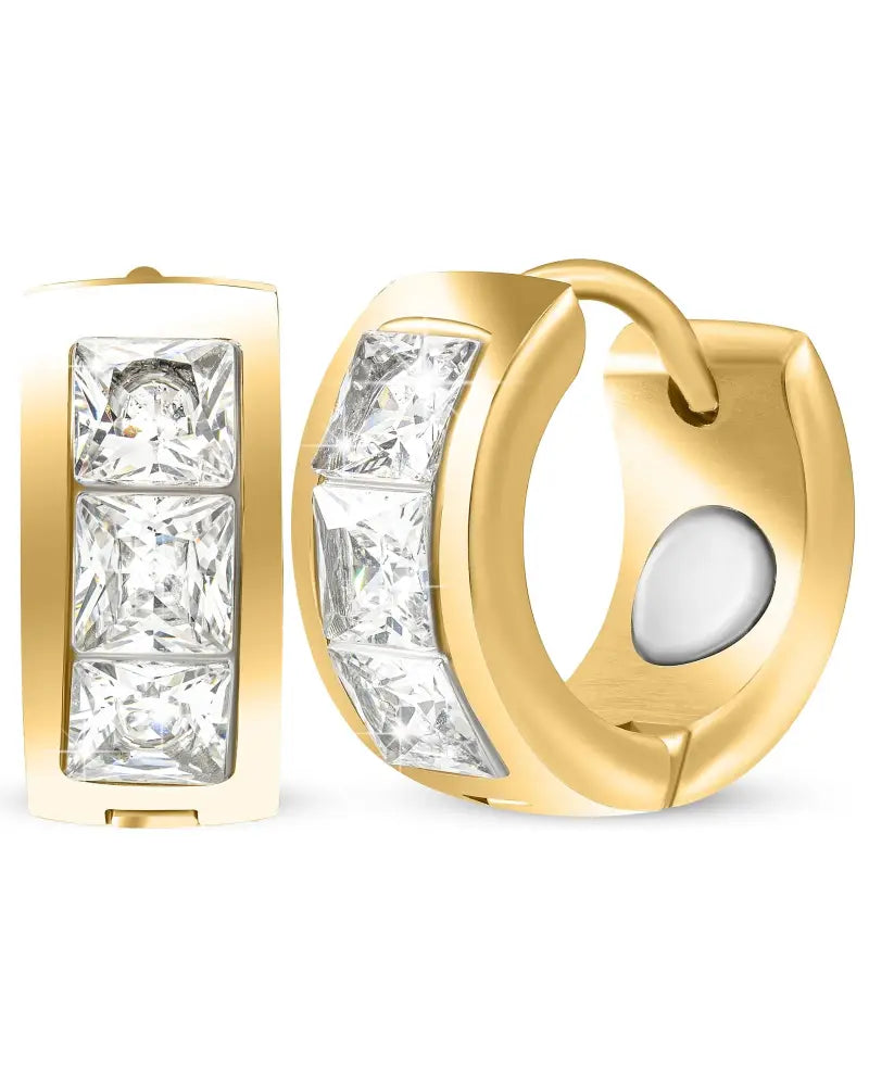 Gold magnetic crystal huggie earrings in gold tone with three rectangular-cut clear stones and therapy magnets