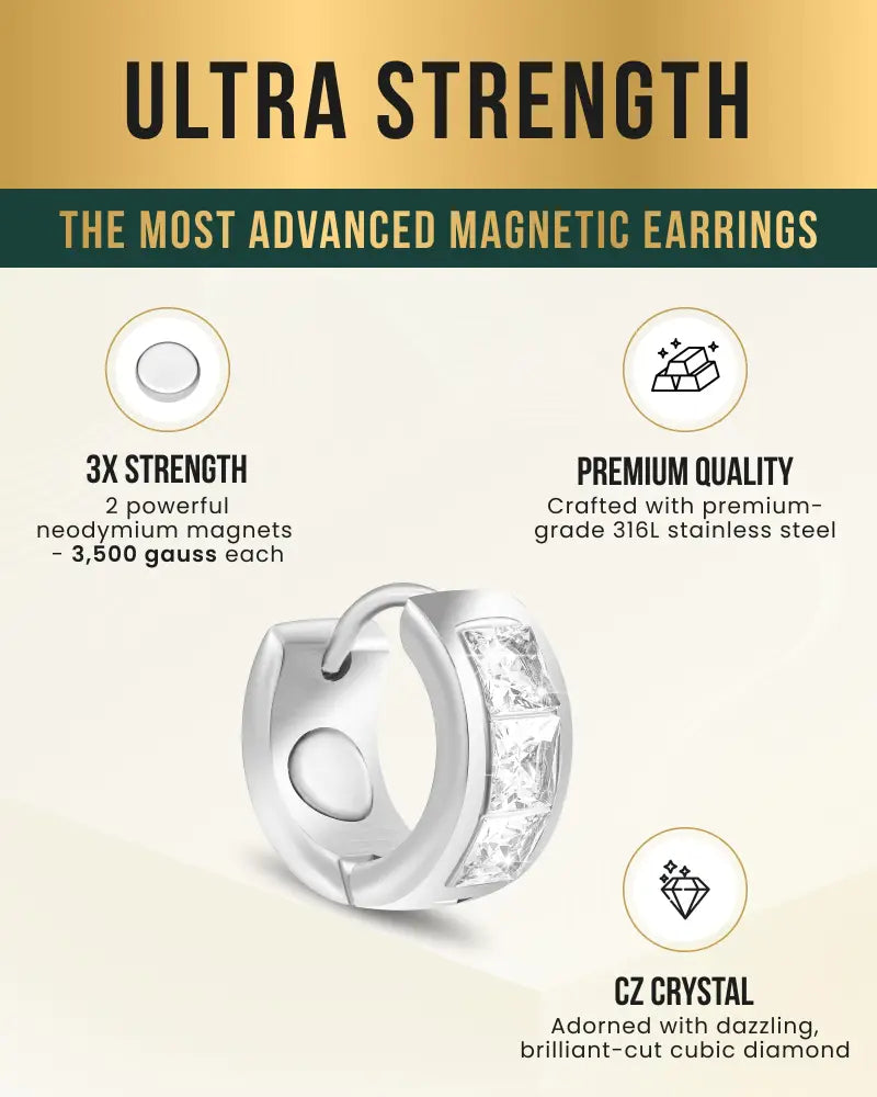 Silver crystal magnetic therapy huggie earrings with sparkling cubic zirconia stones in premium-grade stainless steel