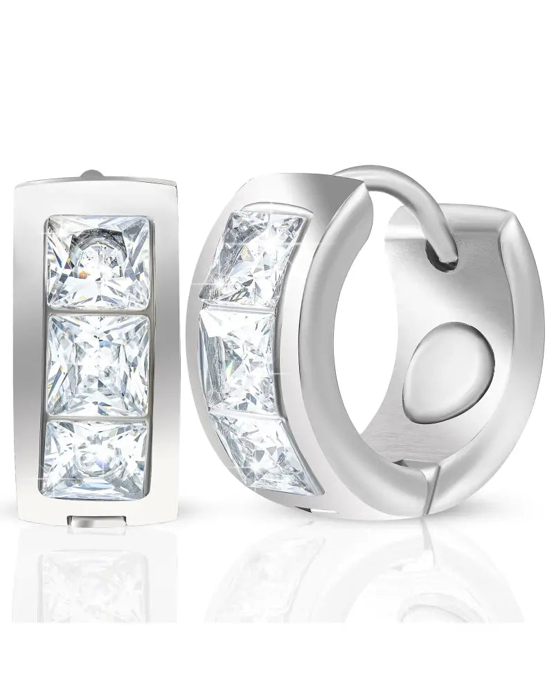 Silver crystal magnetic therapy huggie earrings with three rectangular princess-cut clear stones in polished silver hoops