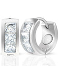 Silver crystal magnetic therapy huggie earrings with three rectangular princess-cut clear stones in polished silver hoops
