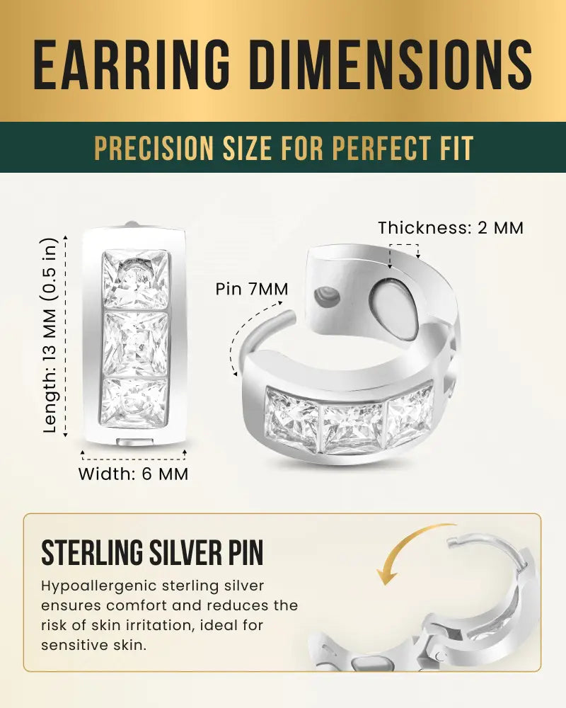 Silver crystal magnetic therapy sterling silver huggie earring with three princess cut clear stones in polished band