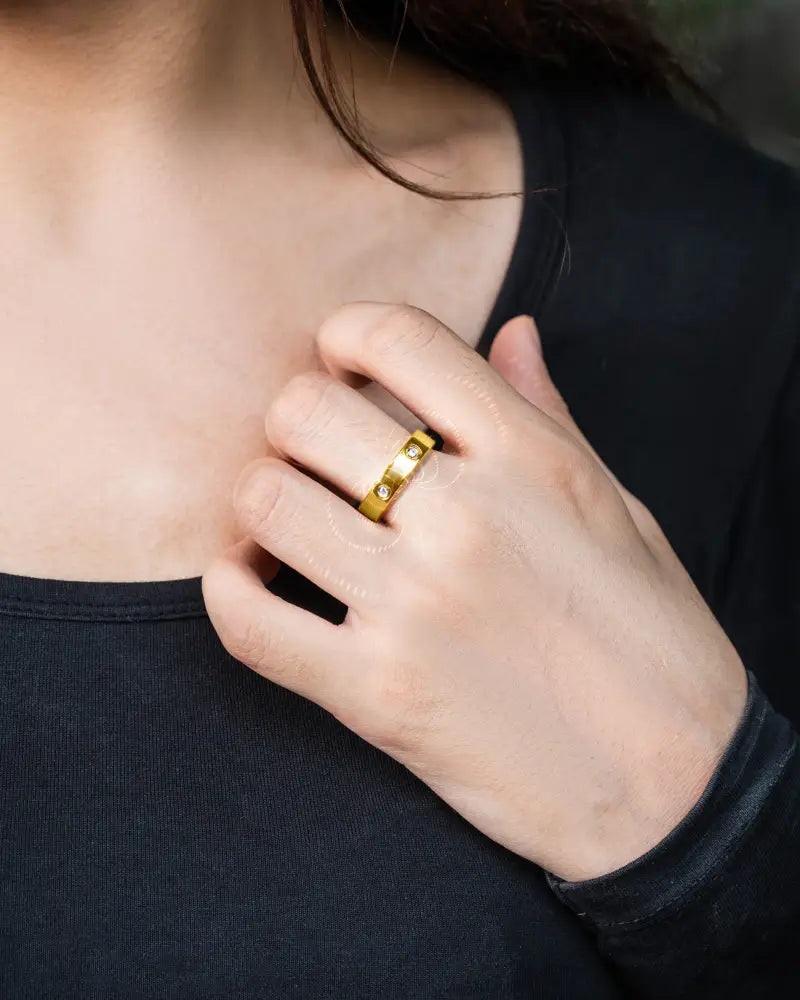 Gold crystal magnetic therapy ring in gold with three clear stones and neodymium magnets in a sleek modern design