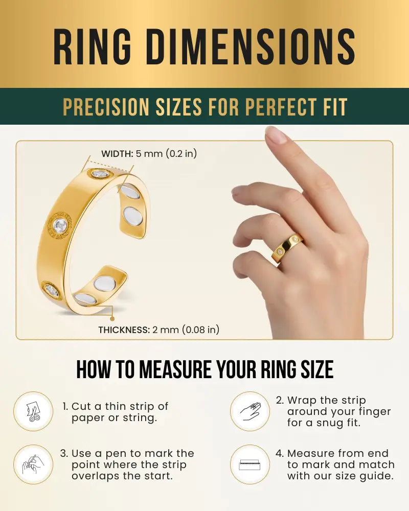 Gold crystal magnetic therapy ring with neodymium magnets wide band gold color embedded with clear stones