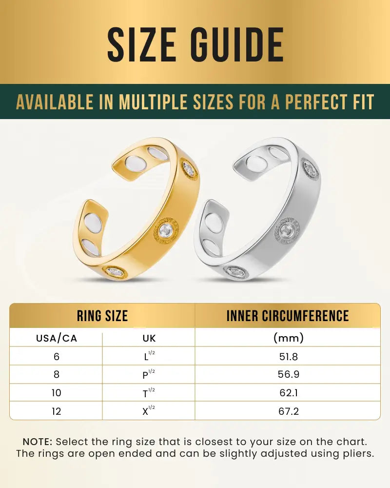 Gold and silver open-ended magnetic crystal therapy rings with embedded round stones in stainless steel