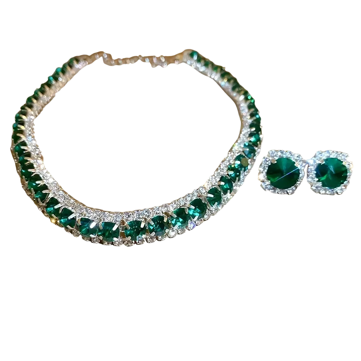 Emerald green and clear crystal necklace and earring set with silver-toned metal for pink ab wedding jewelry