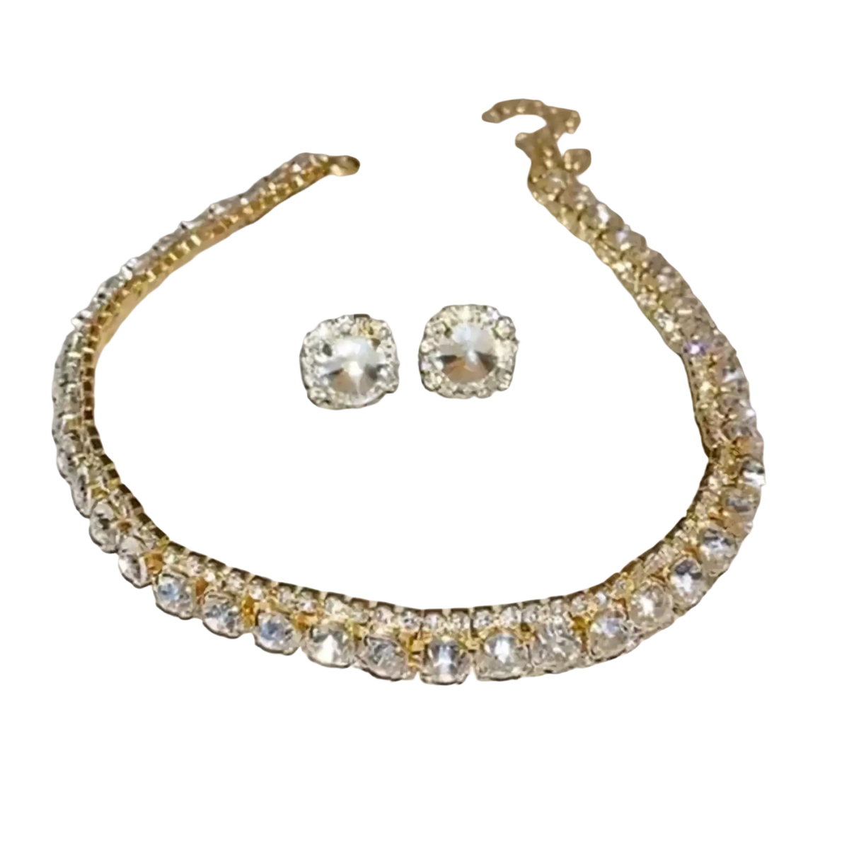 Gold-toned choker necklace with double row clear crystals and matching stud earrings for pink ab wedding jewelry set