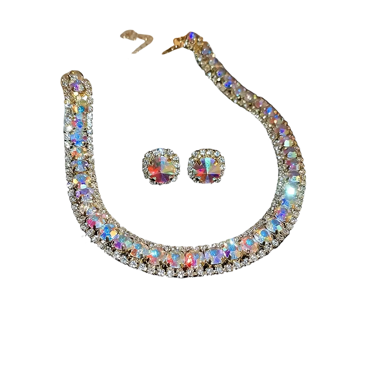 A sparkling pink ab iridescent crystal necklace and earring set with gold-tone metal frame for wedding jewelry