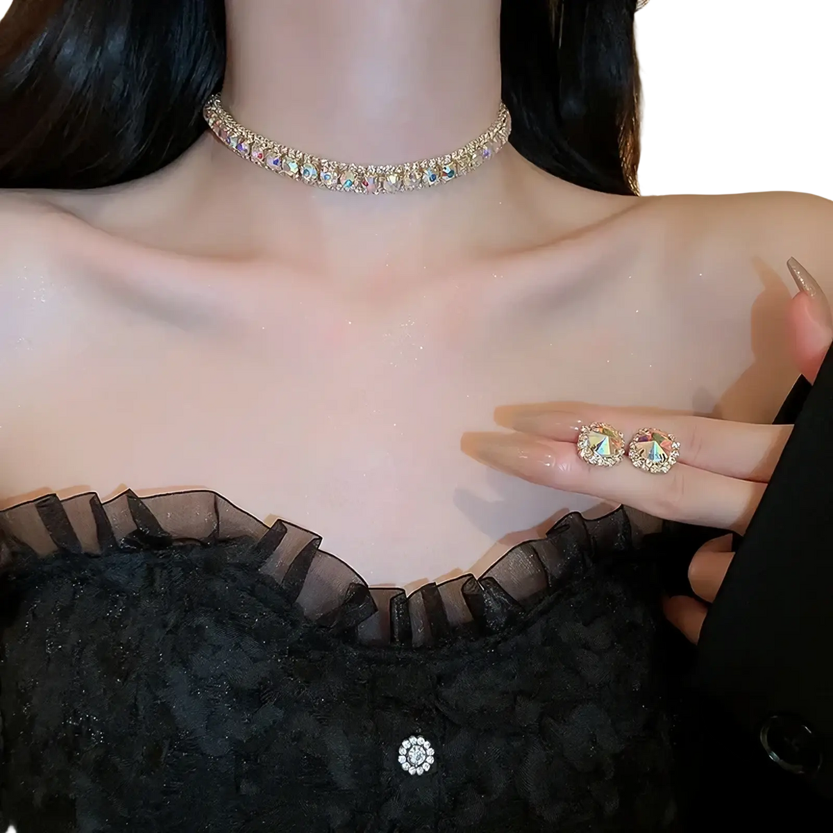 A sparkling silver choker necklace with iridescent rhinestones from the pink ab crystal wedding jewelry set