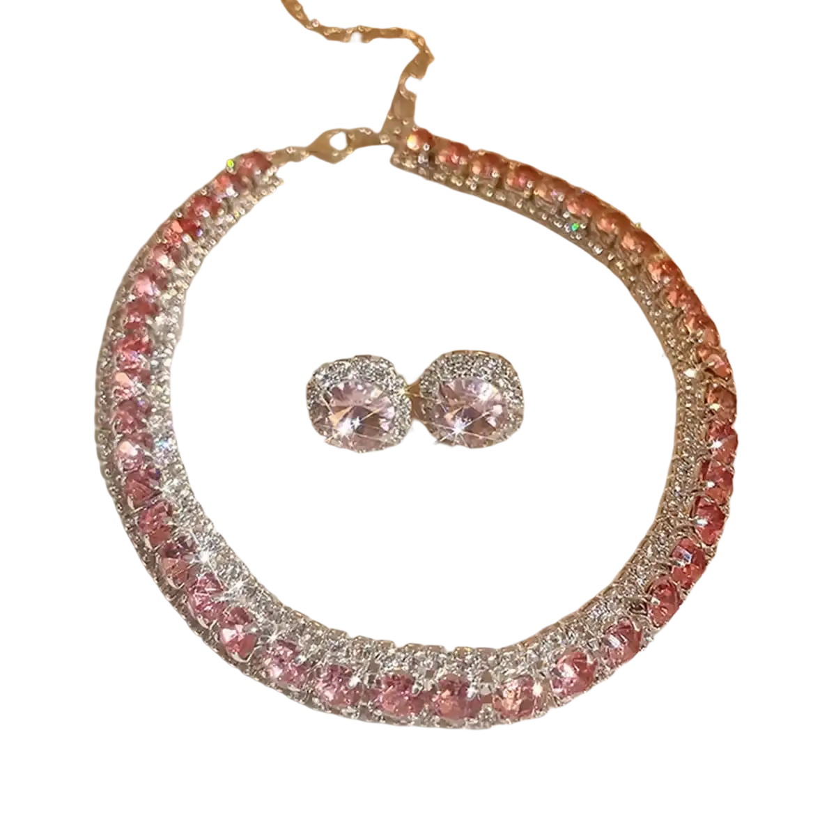 Crystal necklace and earring set featuring a sparkling pink and silver rhinestone choker with matching studs for wedding jewelry