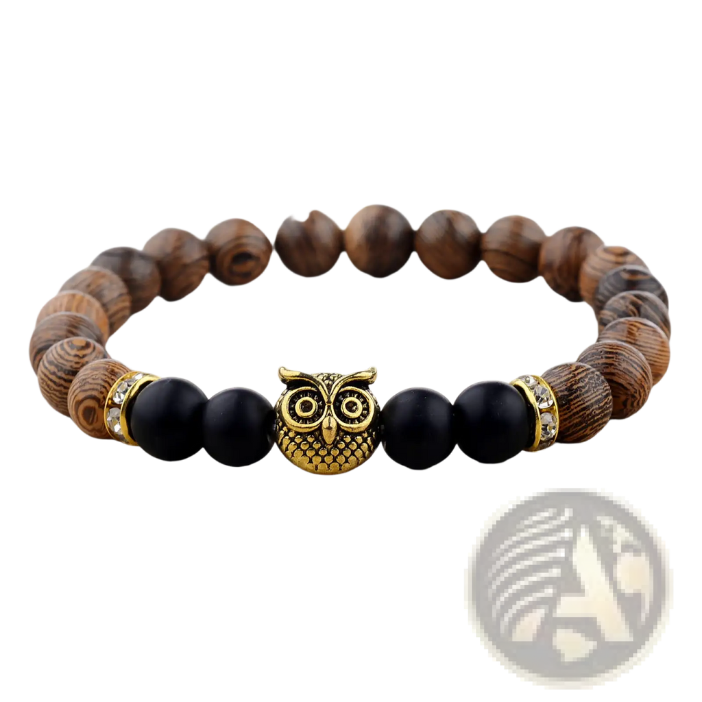 Crystal owl charm wood and onyx beaded bracelet with gold owl centerpiece and sparkling accents in black and brown beads