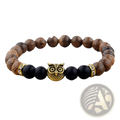 Crystal owl charm wood and onyx beaded bracelet with gold owl centerpiece and sparkling accents in black and brown beads