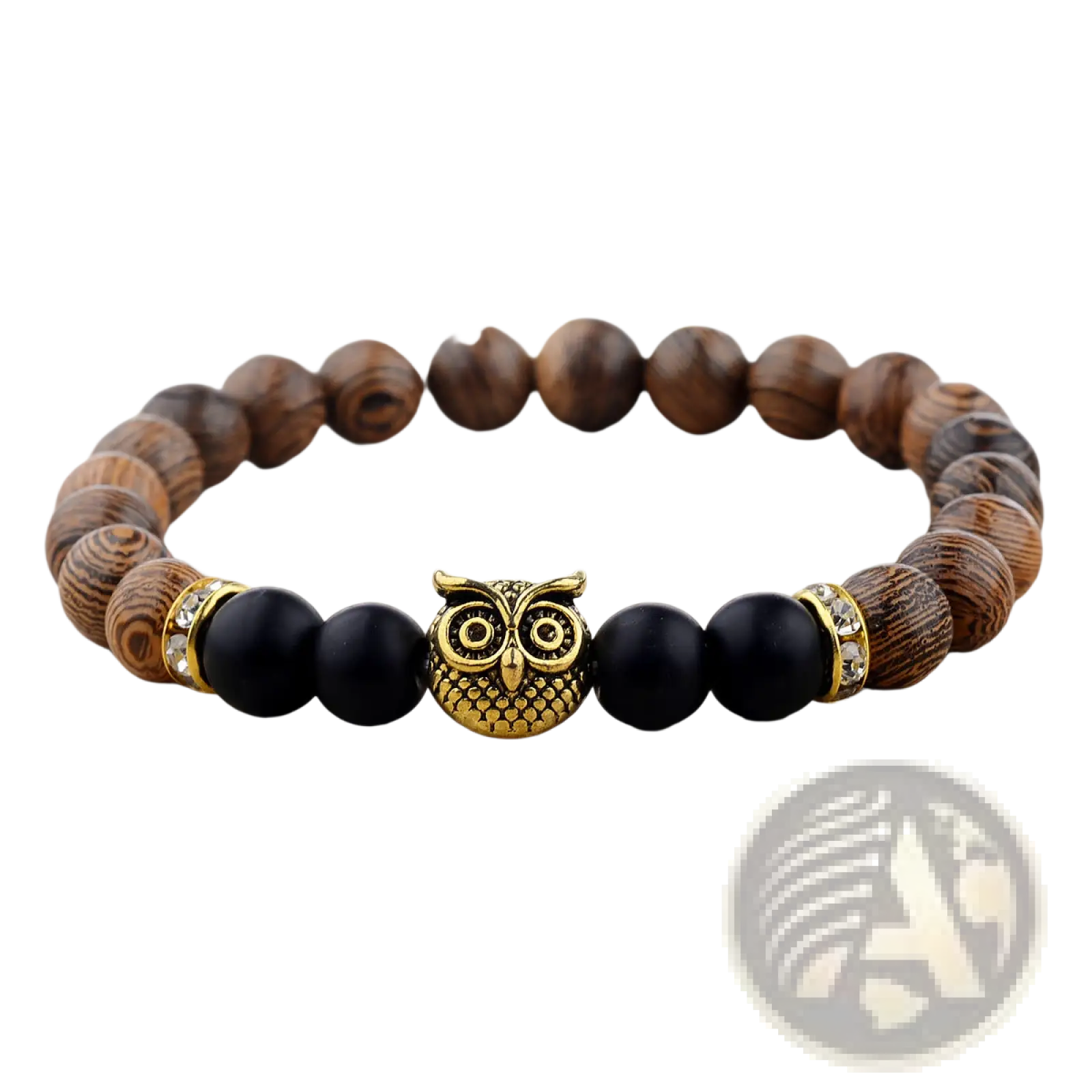 Crystal owl charm wood and onyx beaded bracelet with gold owl centerpiece and sparkling accents in black and brown beads