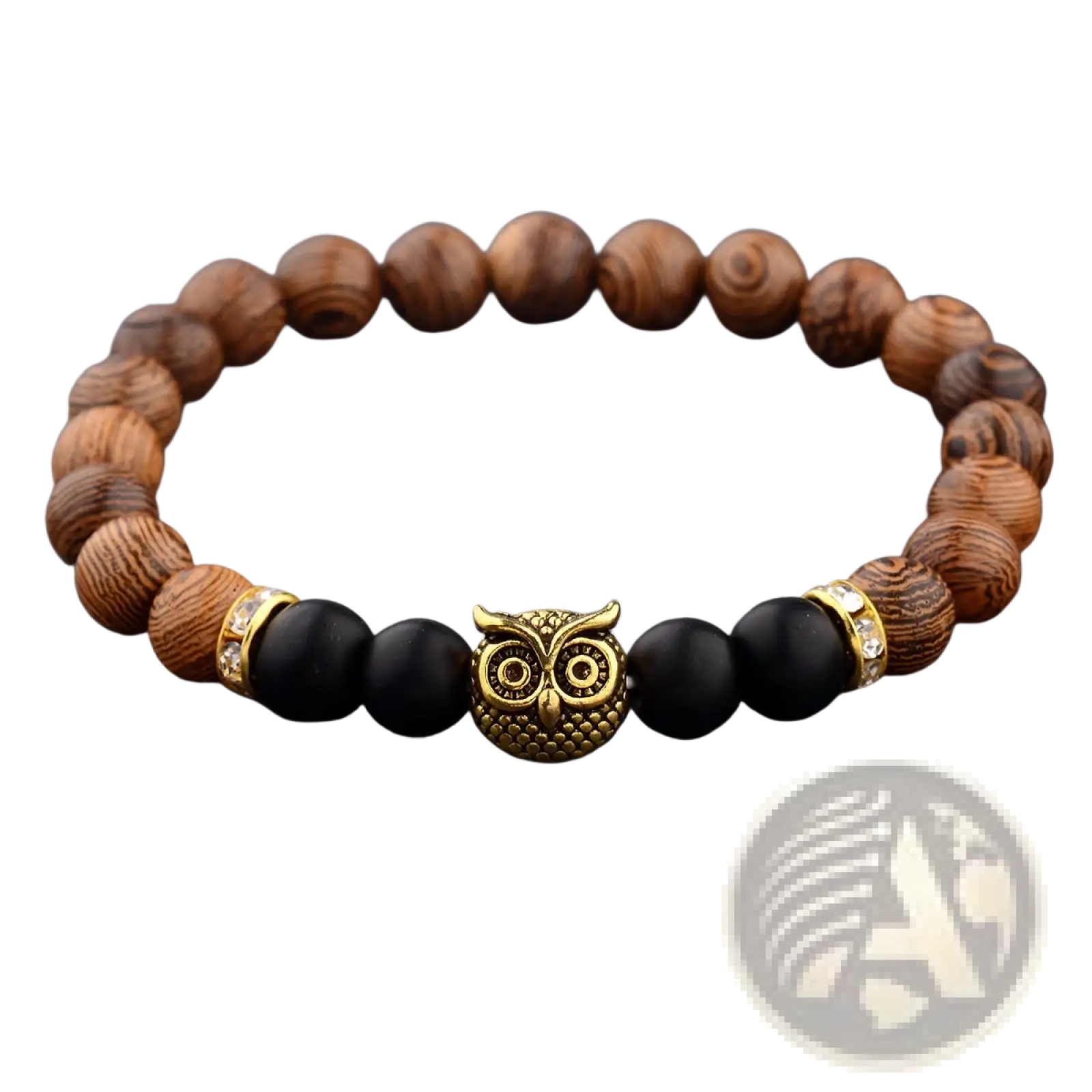 A gold-toned owl charm bracelet with alternating brown wood and black onyx beads accented by crystal spacers