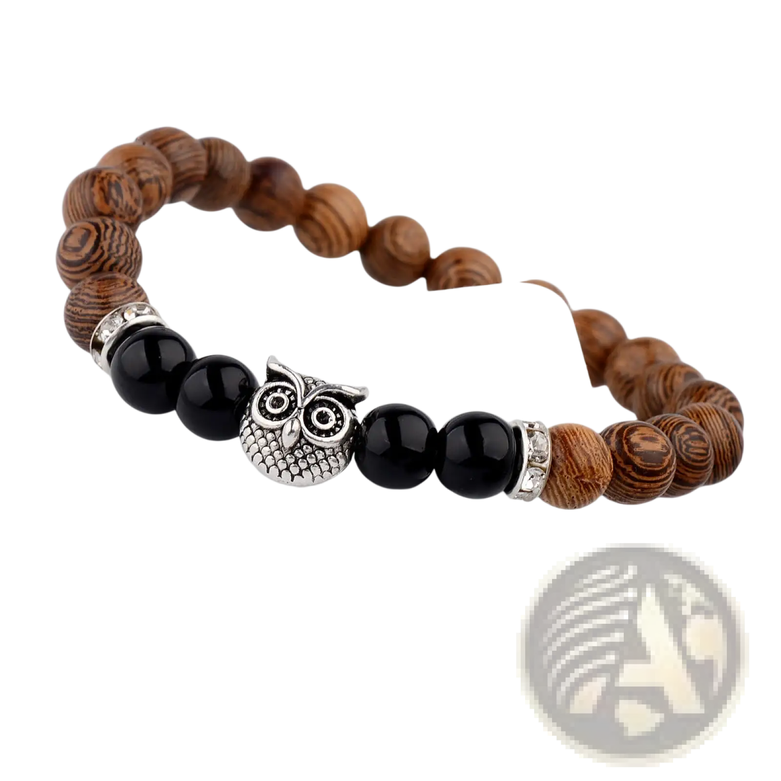 A wooden and black bead bracelet with a silver owl charm from the crystal owl charm wood and onyx beaded bracelet collection