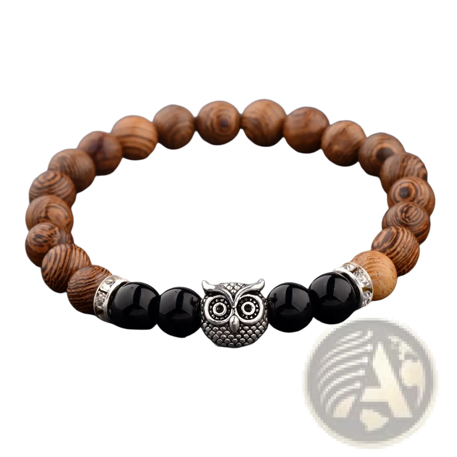 A silver owl charm wood and onyx beaded bracelet with polished wooden beads and glossy black onyx spheres