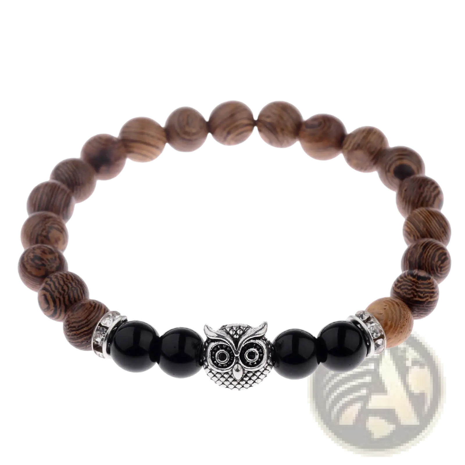 A wooden owl-themed beaded bracelet with dark brown wood beads black onyx spheres and a silver owl charm with crystals