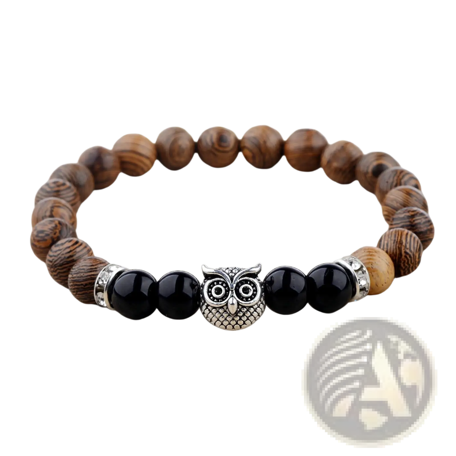 Crystal owl charm wood and onyx beaded bracelet featuring a silver owl charm, dark wood beads, black onyx, and metallic spacers