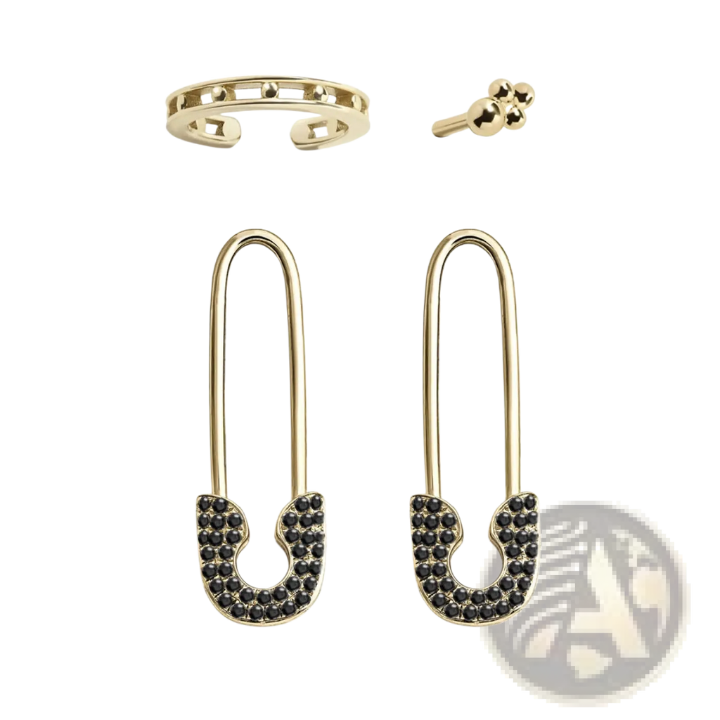 Gold safety pin earrings with black gemstones from crystal pave safety pin and studded accessory set