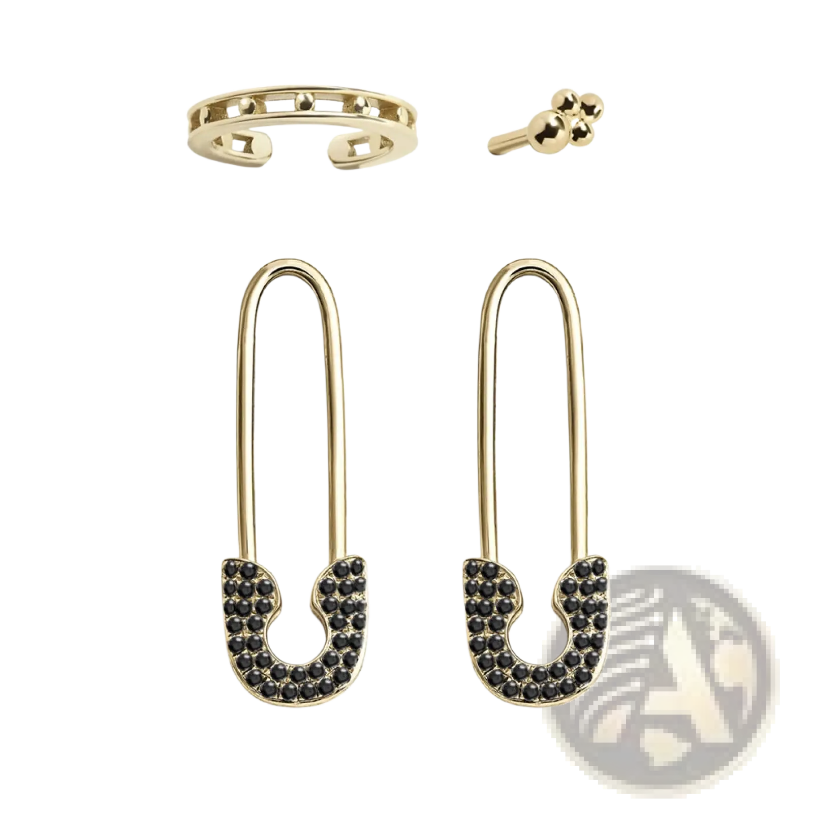 Gold safety pin earrings with black gemstones from crystal pave safety pin and studded accessory set