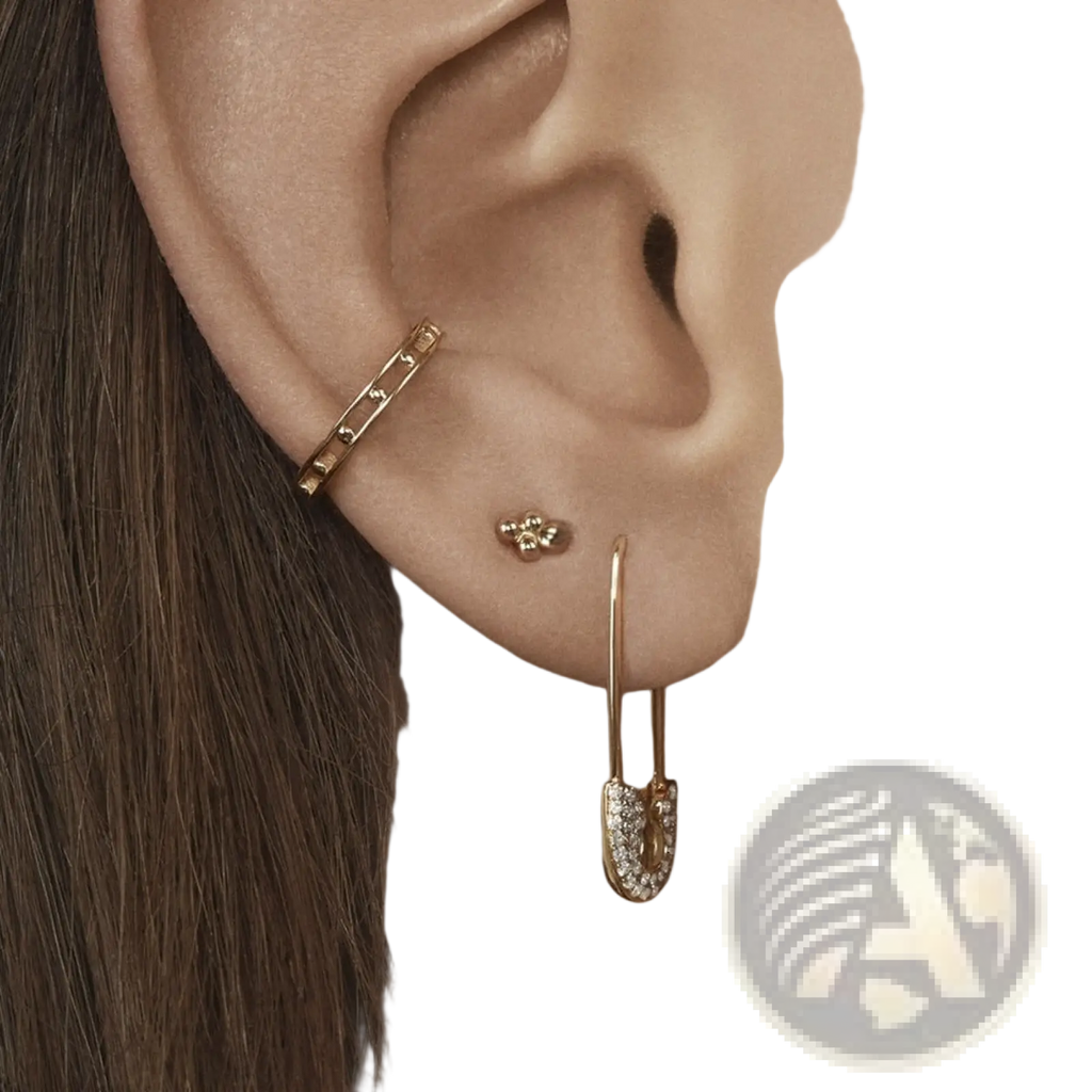 Gold-toned safety pin earring adorned with clear sparkling crystals in the crystal pave safety pin accessory set