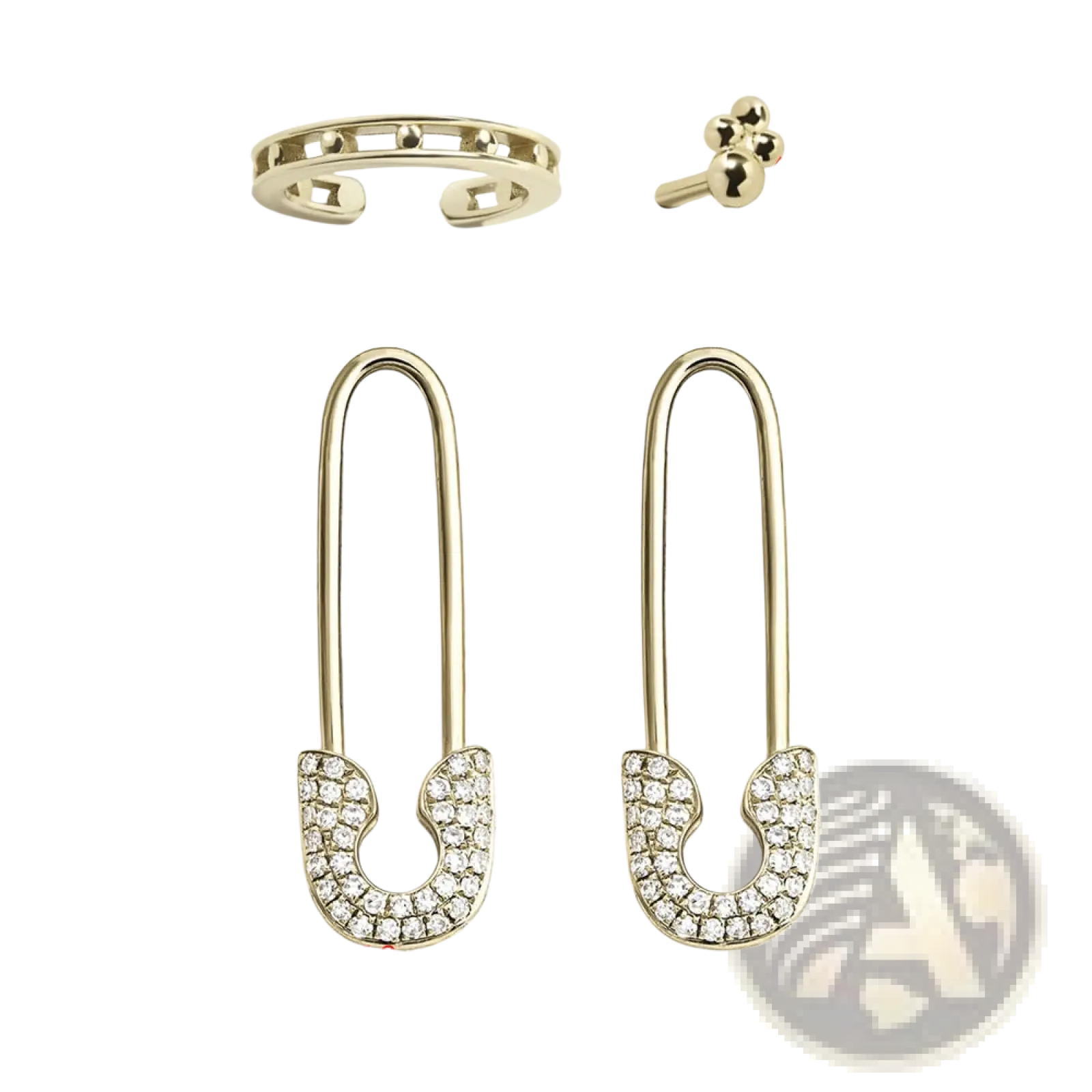 Gold-toned safety pin earrings adorned with clear sparkling crystals along the curved lower section from crystal pave set