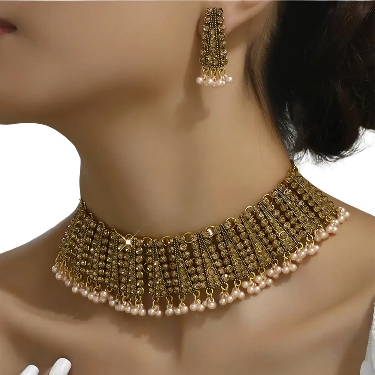Gold-toned vintage choker necklace with intricate filigree design and dangling pink pearls from crystal pearl jewelry set