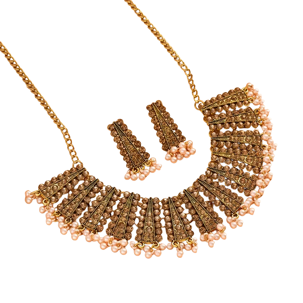 Gold-toned vintage choker necklace with intricate geometric patterns, embedded crystals, and dangling pearl accents