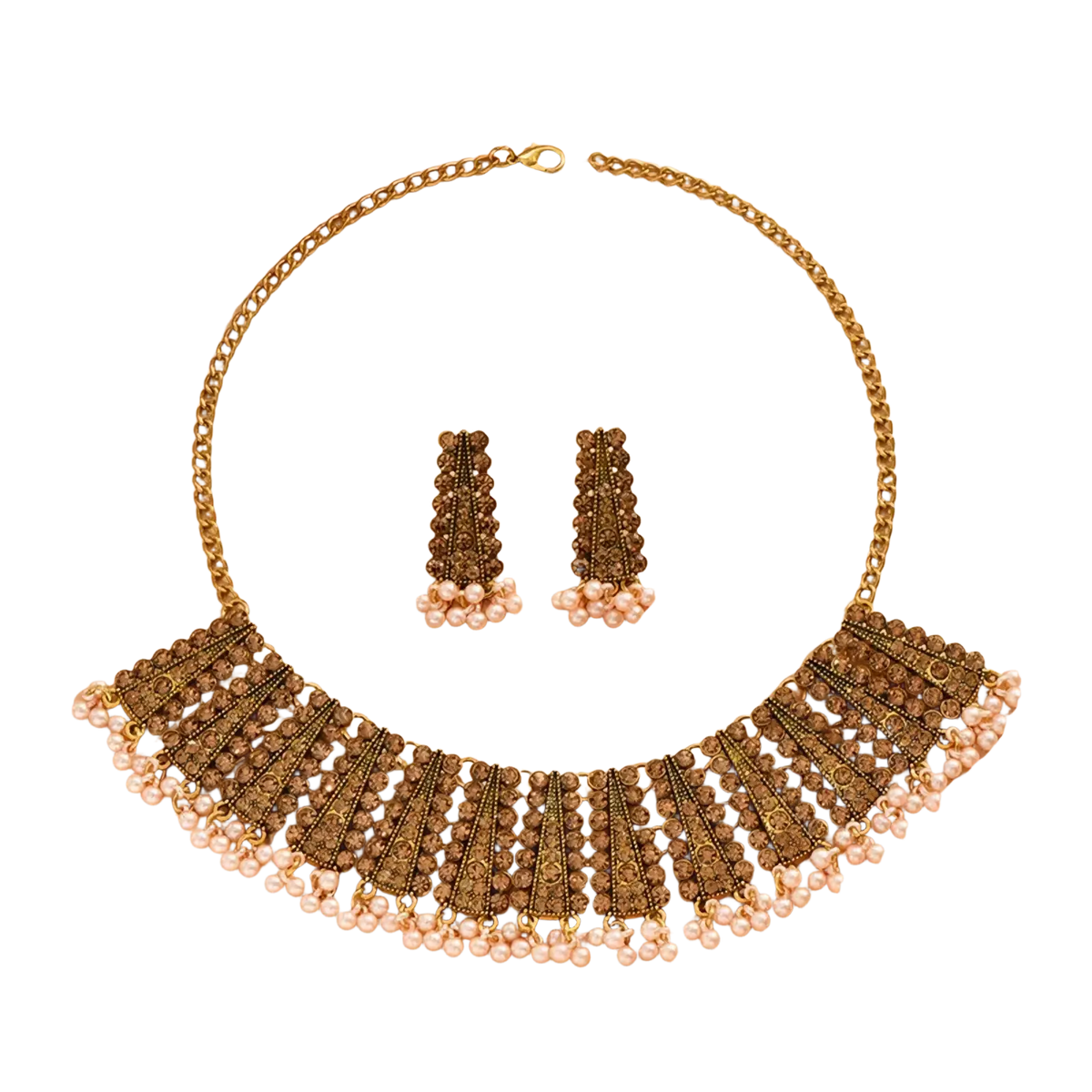 Gold-toned vintage choker necklace with intricate crystal beading and a row of dangling white pearls along the edge