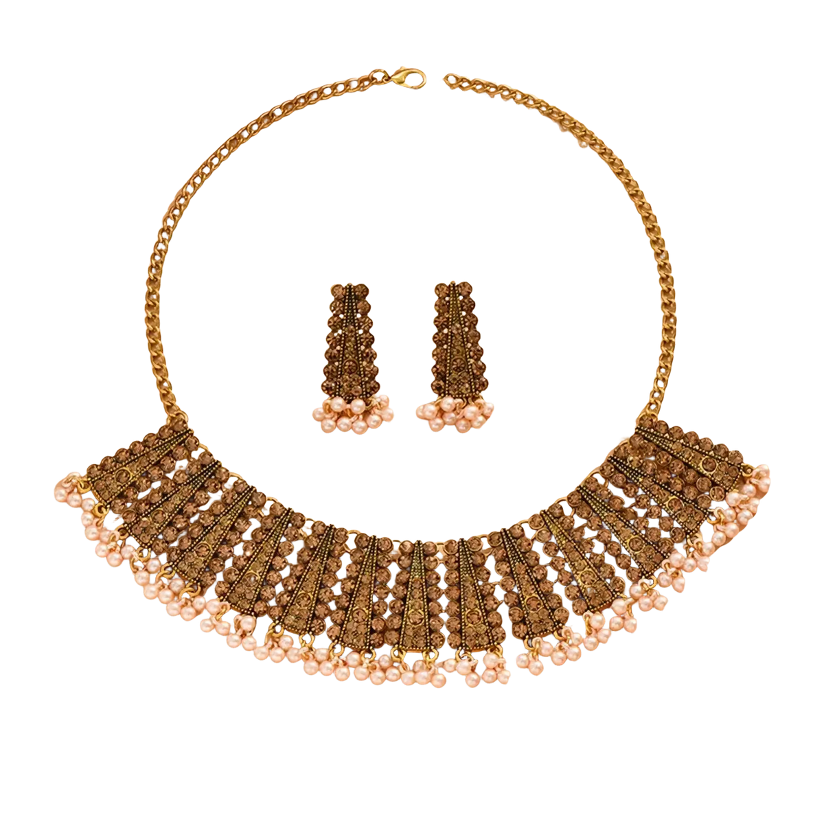 Gold-toned vintage choker necklace with intricate metalwork, sparkling rhinestones, and white pearl fringe in crystal pearl set