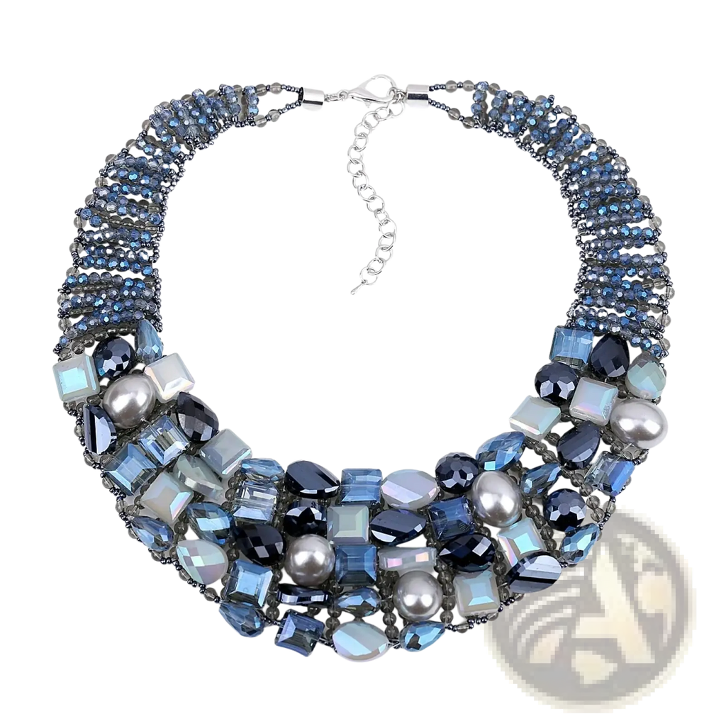 Crystal pearl statement choker necklace with layered blue and silver crystals pearls and metallic beads with silver clasp