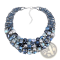 Crystal pearl statement choker necklace with layered blue and silver crystals pearls and metallic beads with silver clasp