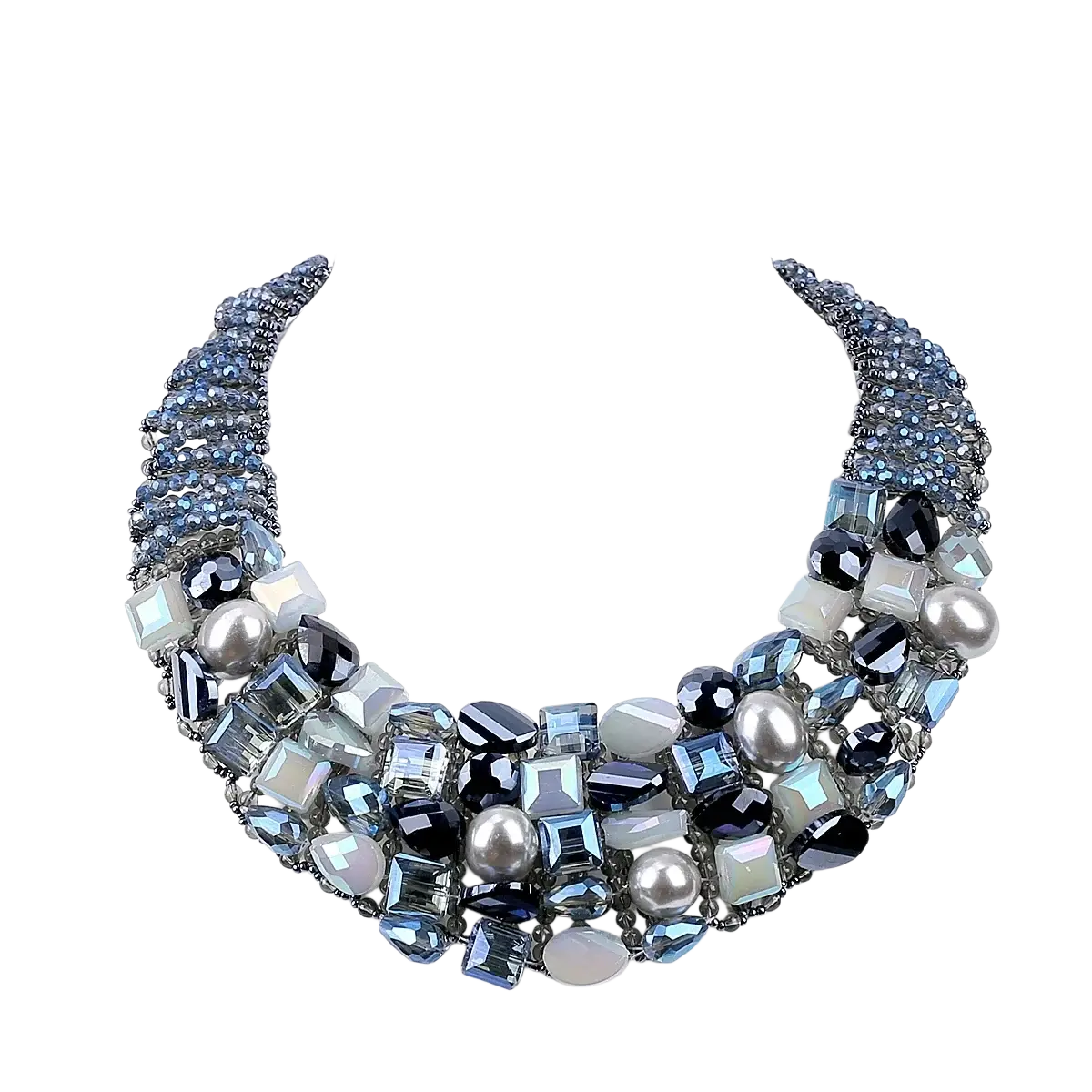 Crystal pearl statement choker necklace with layered blue black and silver toned crystals and pearls