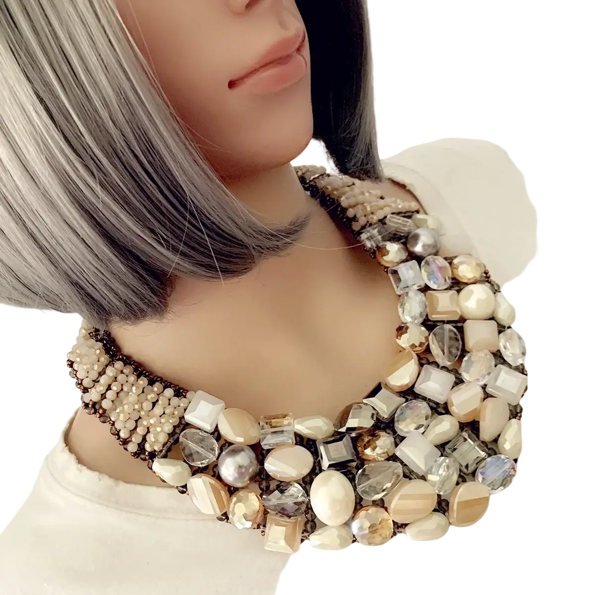 Crystal pearl statement choker necklace with layered design featuring mixed-cut crystals and pearls in beige gold silver