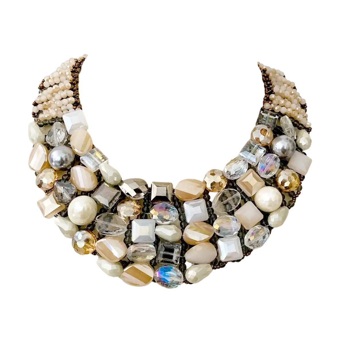 A crystal pearl statement choker necklace with layered faceted crystals pearls and metallic beads in cream gold and silver