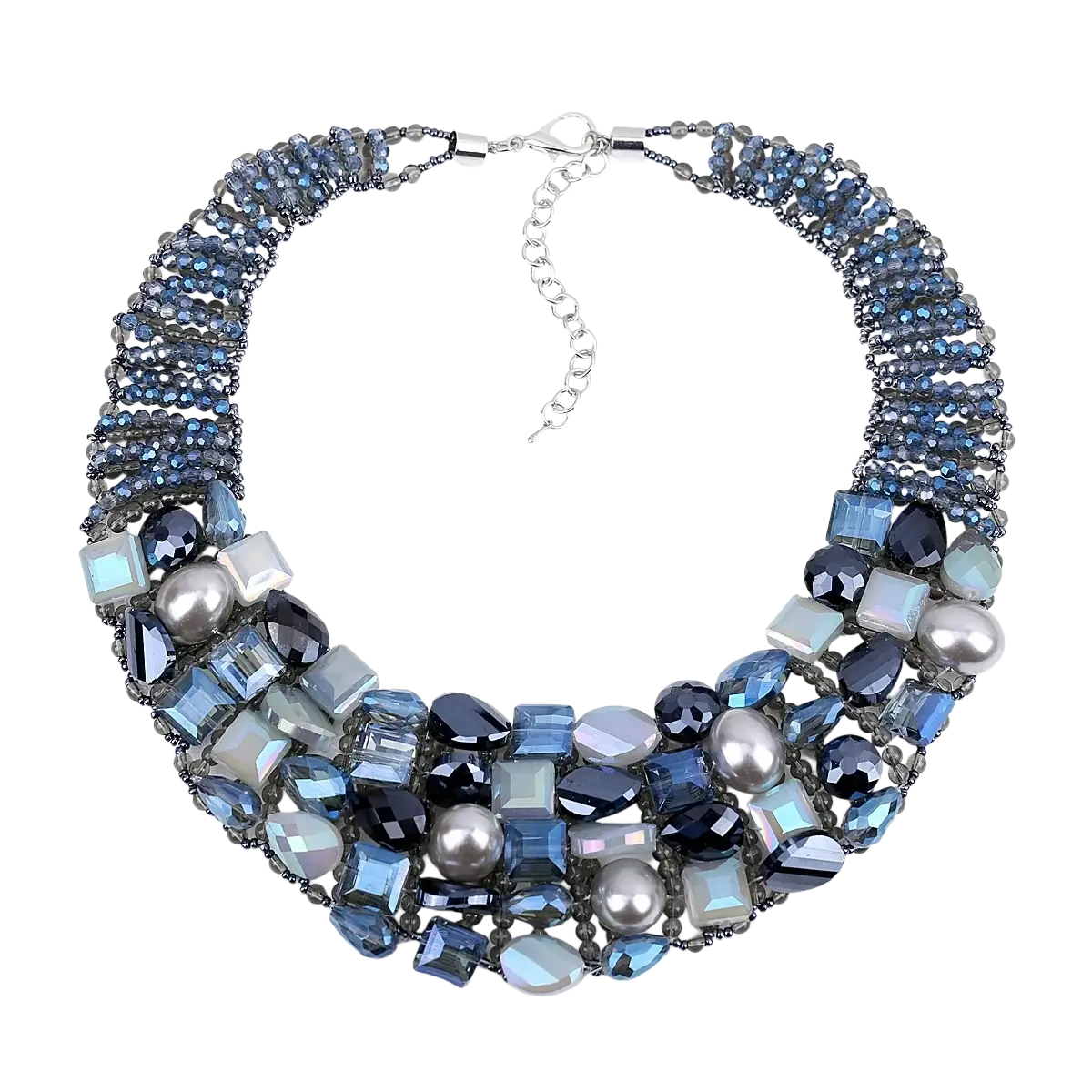 Crystal pearl statement choker necklace with layered blue and silver crystals pearls and metallic beads with silver clasp