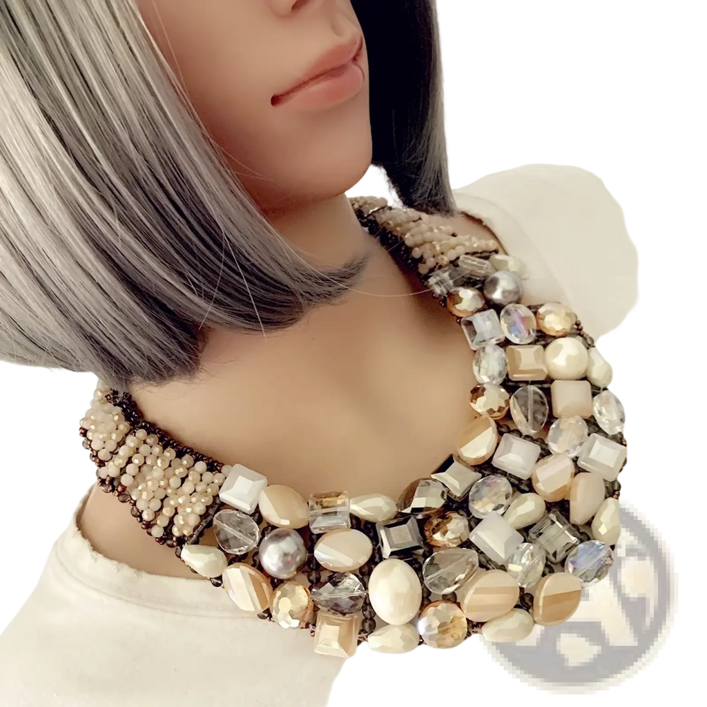 Crystal pearl statement choker necklace with layered design featuring mixed-cut crystals and pearls in beige gold silver