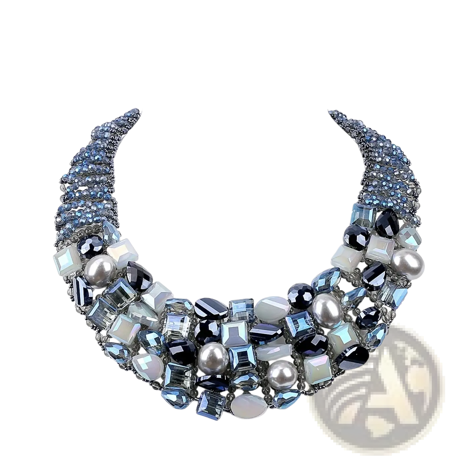 Crystal pearl statement choker necklace with layered blue black and silver toned crystals and pearls