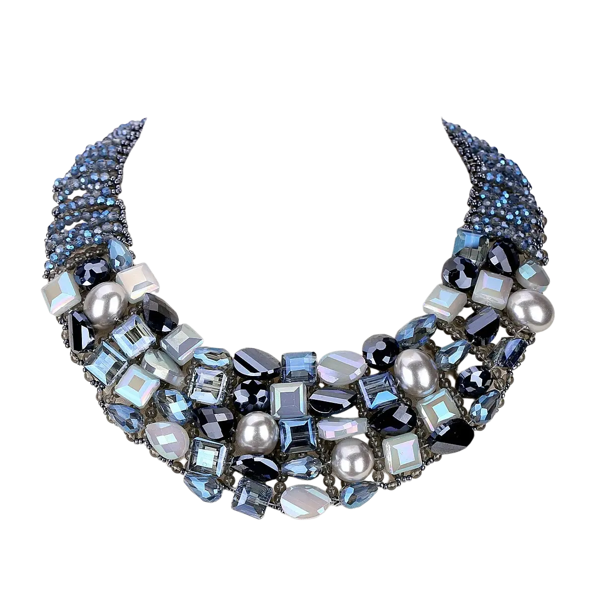 Crystal pearl statement choker necklace with multi-layered blue black and silver faceted crystals and pearls