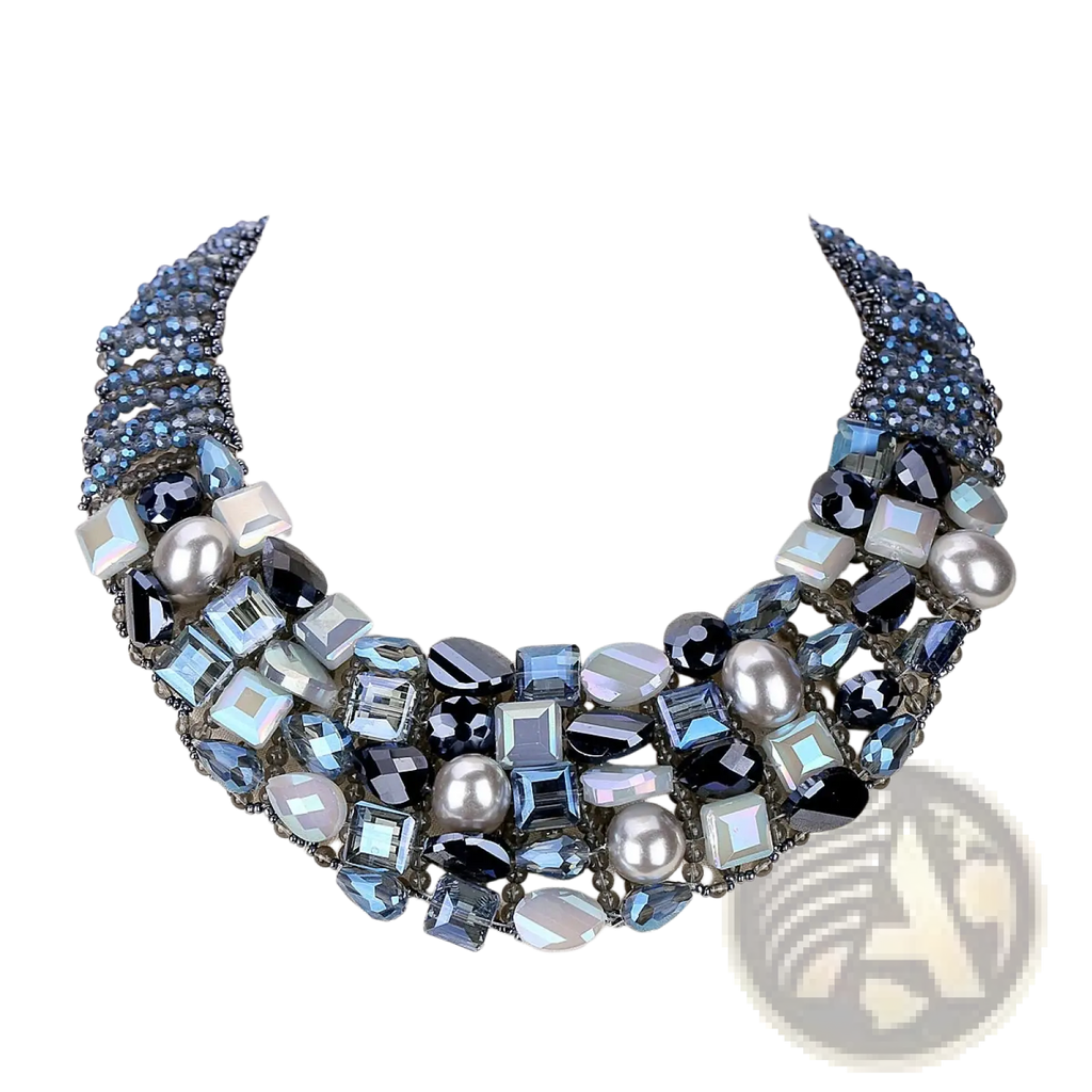 Crystal pearl statement choker necklace with multi-layered blue black and silver faceted crystals and pearls